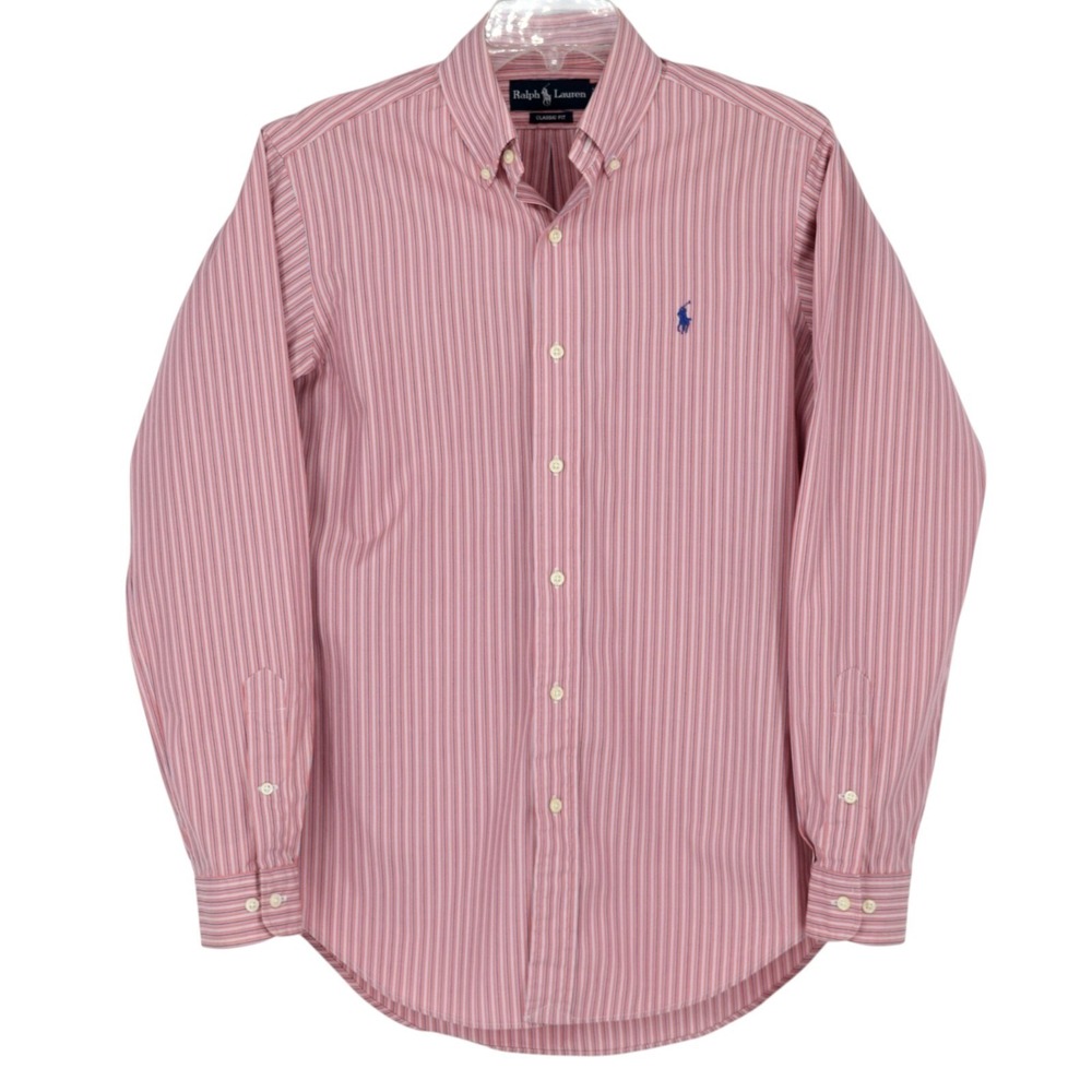 Ralph Lauren Shirt Mens S 14.5 Classic Fit Salmon Pink Striped L/S Button Down